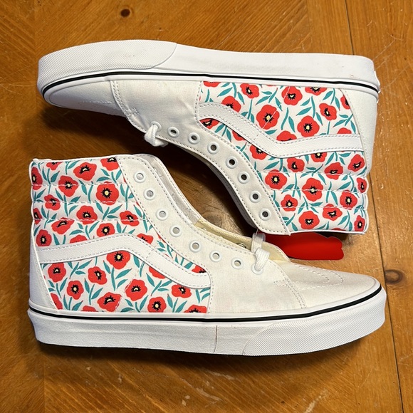 Men’s VANS Sneakers Sk8-Hi Poppy Flowers Floral Design White / Red Size 10 NEW - Picture 2 of 6